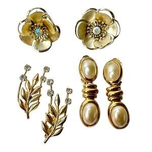 Vintage Gold Tone Earrings Lot 3 Faux Pearl Dangle Rhinestone Clip On Flower